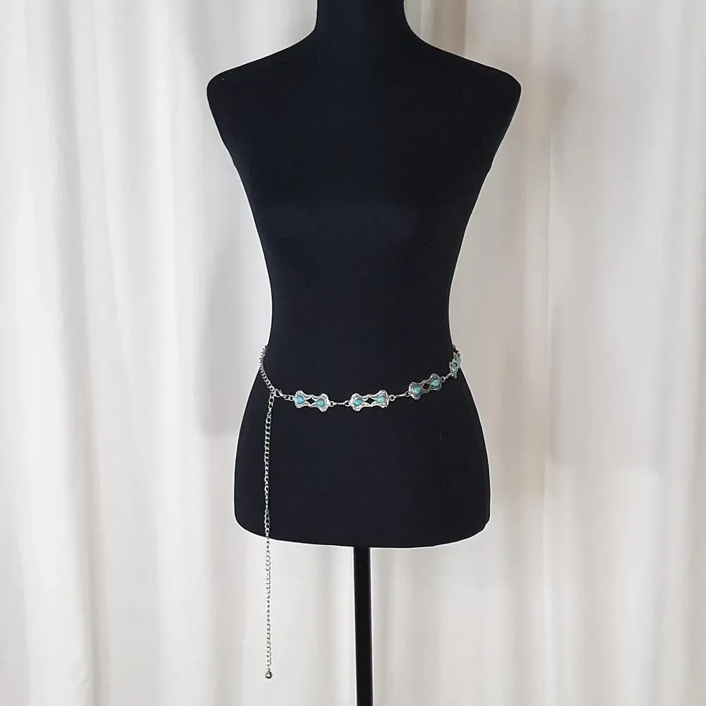 Silver Tone Turquoise Concho Chain Belt 40